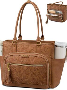 Laptop Tote Bag for Women With Large Cup Holder, Vintage Leather Work Tote Bag f